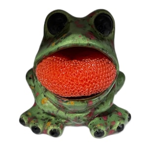 Stoneware Frog Sponge Holder Olive Green Glaze Finish, Well Made 4.5”