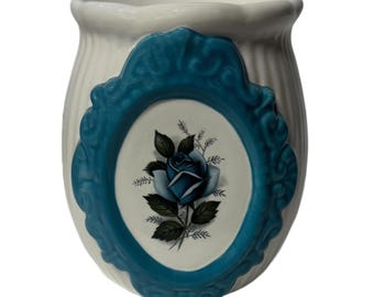Handmade Ceramic Wax Warmer: Blue and White with Blue Rose