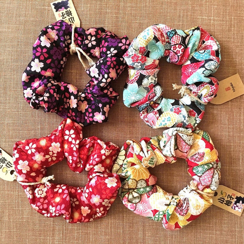 Ponytail HolderUme Flower print Chirimen FabricJapanese crapeRed Kimono ScrunchiesHair Tie