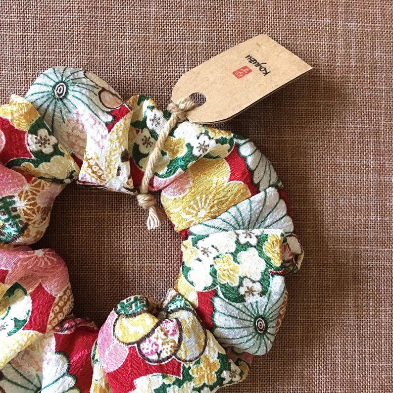 Ponytail HolderUme Flower print Chirimen FabricJapanese crapeRed Kimono ScrunchiesHair Tie