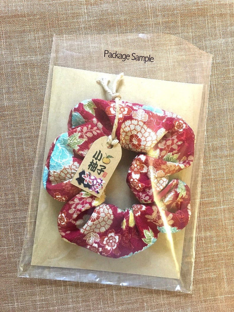 Ponytail HolderUme Flower print Chirimen FabricJapanese crapeRed Kimono ScrunchiesHair Tie