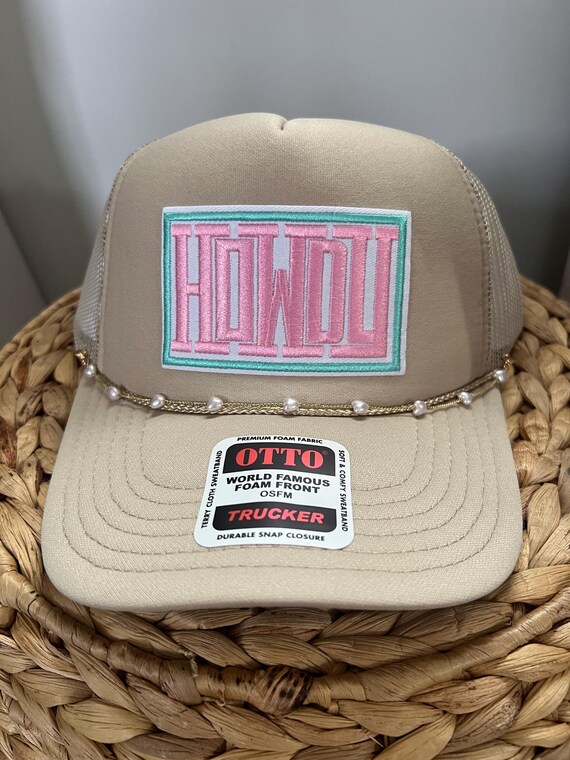 OTTO Beige Embroidered \'Howdy\' Western Trucker Hat with Pearl & Chain Accents Beige 5-panel Otto Trucker Hat – Western “howdy” Patch With  main image 4