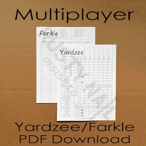 Carte de score PDF multijoueur Yardzee/Farkle - Carte de score double face Yardzee/Farkle jusqu'à 6 joueurs - Téléchargez et imprimez votre propre carte de score !