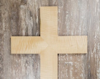 Large Wood Cross, Wooden Cross, Christian Wedding Gift, Wedding Decor, Wall Hanging, Curly Maple Wood Cross