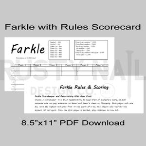Karta wyników gry Farkle w formacie PDF – dwustronna karta wyników 8,5x11, z napisem Farkle z przodu i zasadami z tyłu. – Pobierz i wydrukuj własną kartę wyników.