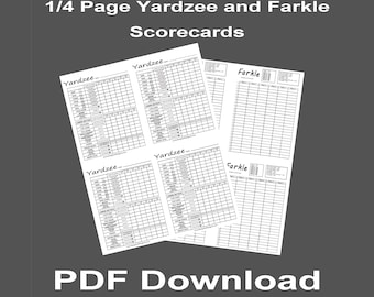 Descarga el PDF de Yardzee/Farkle - Tamaño de un cuarto de página - 4 tarjetas de puntuación por página - ¡Descarga e imprime tu propia tarjeta de puntuación!