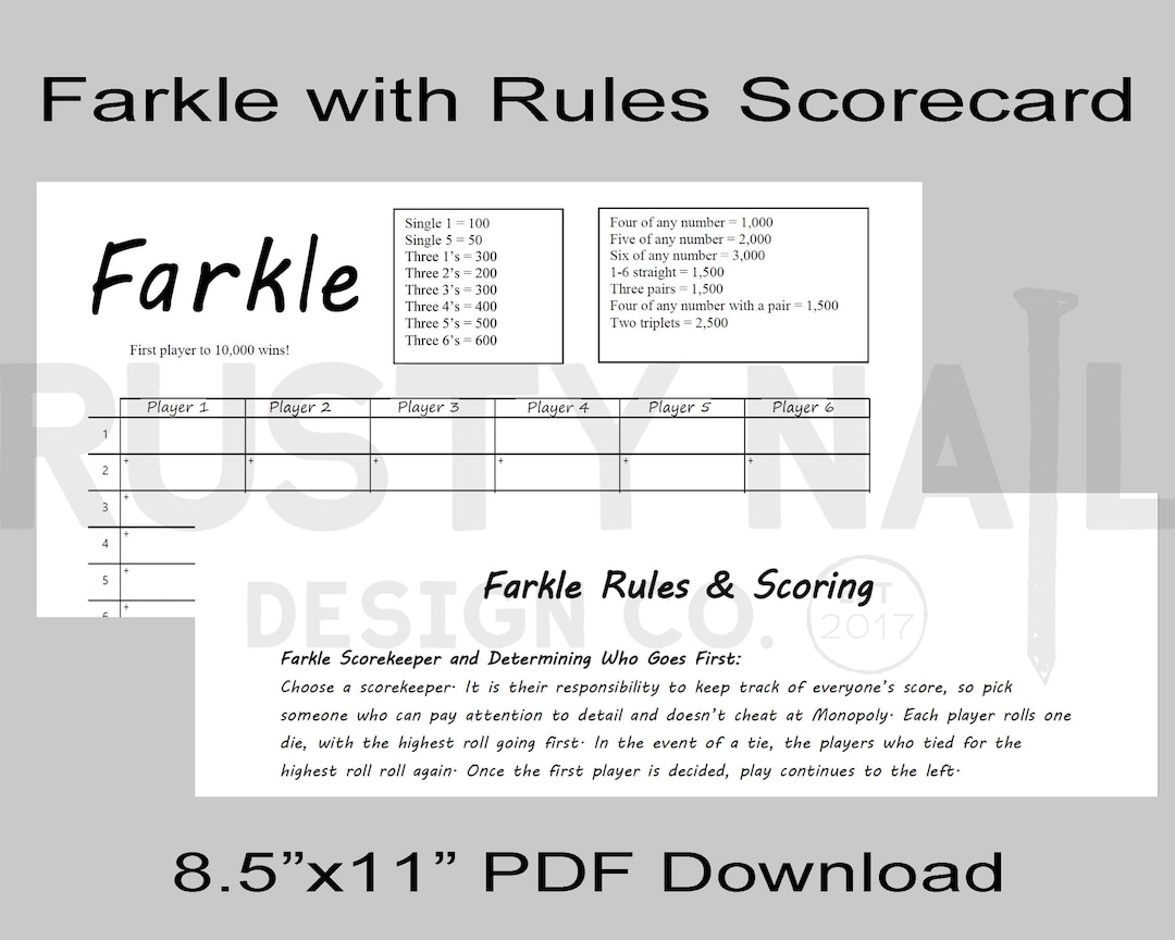 Farkle Game Scorecard PDF 8.5x11 Double-sided Scorecard, Farkle on the Front, Rules on the Back. Download and Print Your Own Scorecard - Etsy farkle-game-scorecard-pdf-8-5x11-double-sided-scorecard-farkle-on-the-front-rules-on-the-back-download-and-print-your-own-scorecard-etsy
