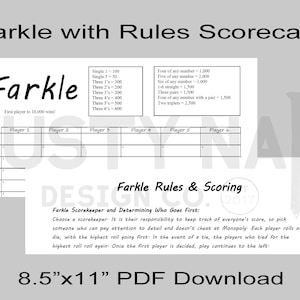 Farkle Game Scorecard PDF - 8.5x11 Double-Sided Scorecard, Farkle on the front, rules on the back. - Download and print your own scorecard