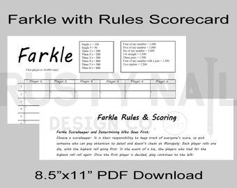 Farkle Game Scorecard PDF - 8.5x11 Double-Sided Scorecard, Farkle on the front, rules on the back. - Download and print your own scorecard