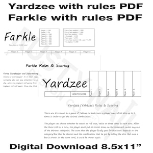 Yardzee AND Farkle Scorecards PDF Download Double-Sided Scorecards: Game on the front, rules on back - Download and print your own scorecard