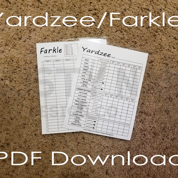 Yardzee/Farkle with Rules Scorecard PDF Download - Printable 8.5"x11" Scorecard, Inclut les règles pour les deux jeux - Imprimez votre propre scorecard !