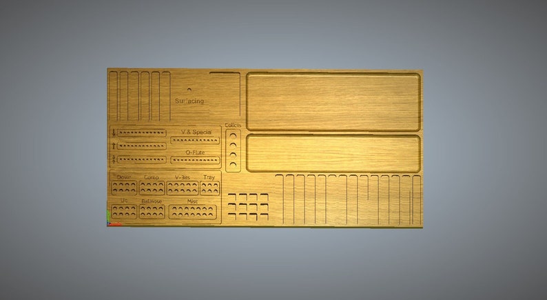 May include: A wooden organizer with labeled compartments for various items, including "Surfacing", "V & Specials", "O-Flar", "Coins", "Draw", "Gems", "V-Sets", "Tray", "SP", "Ballroom", and "Max".