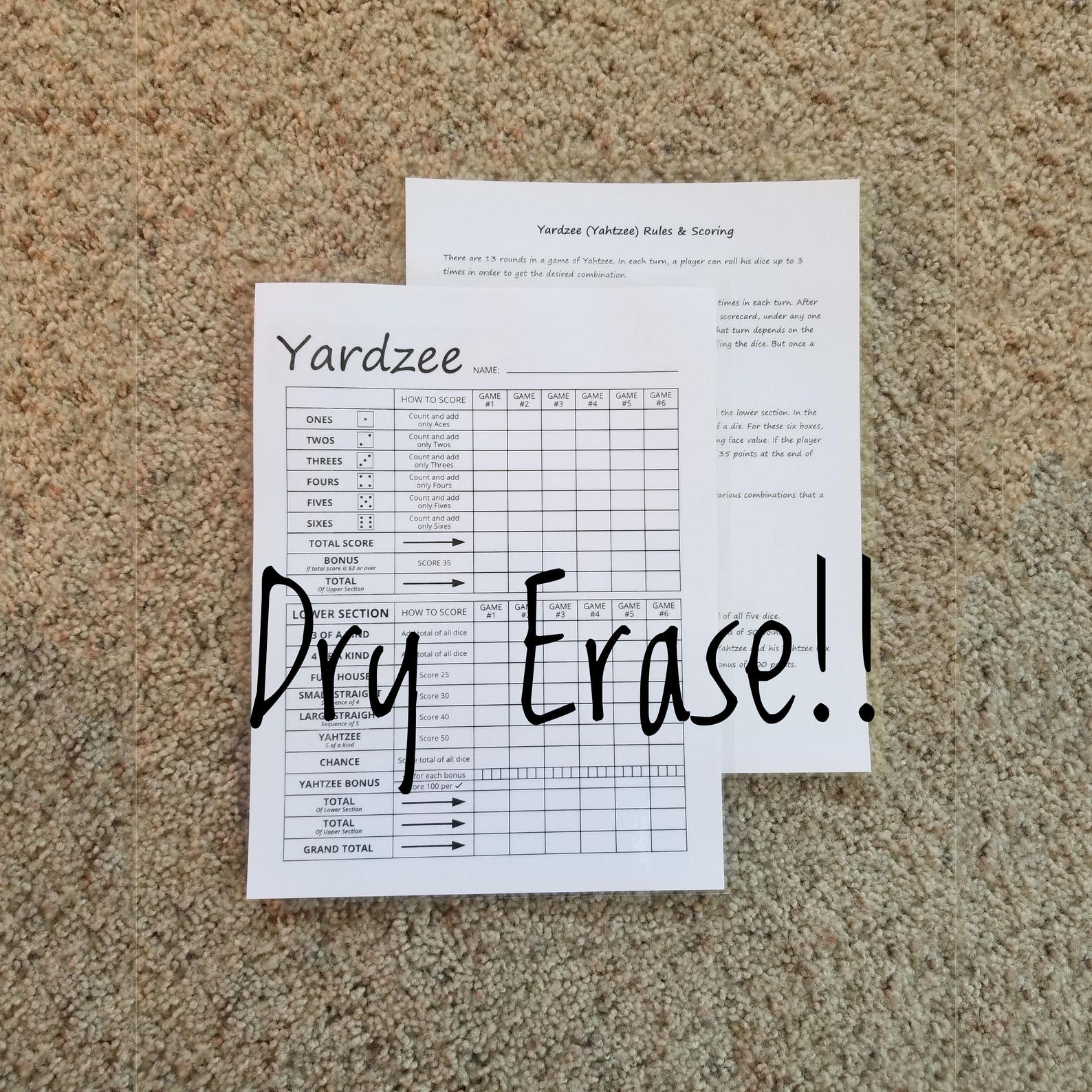 Yardzee, Yahtzee Dry Erase Scorecard, Scoresheet, Laminated Scorecard