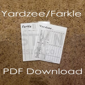 Yardzee/Farkle z kartą wyników i zasadami do pobrania w formacie PDF - karta wyników do wydrukowania w formacie 8,5"x11". Zawiera zasady obu gier - wydrukuj własną kartę wyników!