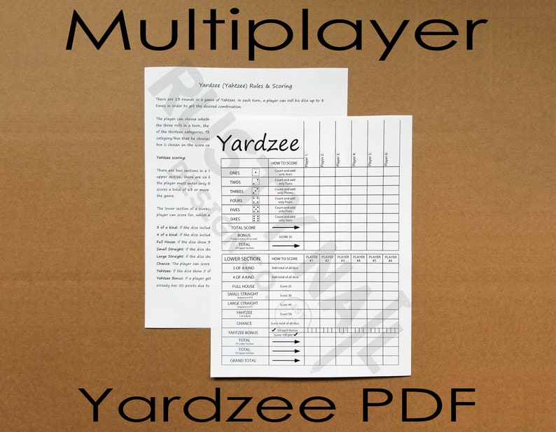 Multiplayer Yardzee/Rules PDF Double-Sided Yardzee on one side, rules on the other Up to 6 players Download and print your own scorecard image 1