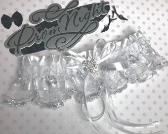 White prom garter with silver,  White prom garter