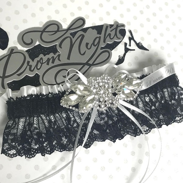 White and black prom garter with rhinestones.  Prom garters.  Dance garters.