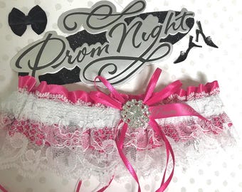 Fuchsia prom garter.  Fuchsia white silver prom garter