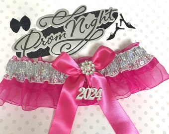 Shocking pink prom garter with sequins. Prom garter.