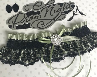 Sage black lace prom garter w/ rhinestone.  Prom garter in sage. Sage garter.