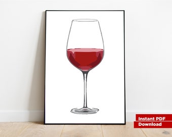 Ilustración de copa de vino, arte de pared, cartel de pared, decoración de pared, decoración del hogar, vino tinto, descarga de arte de pared, bebida alcohólica, idea de regalo, Kunstdruck