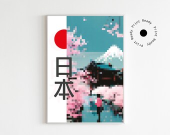 Japón Monte Fuji Pixel Art Poster, Arte de pared, Decoración del hogar, Pintura de arte digital, Kunstdruck, Descarga instantánea, Pixel Art, Arte japonés