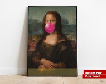 Cartel de Mona Lisa Bubble Gum, arte de pared, decoración del hogar, pintura de arte digital, Kunstdruck, descarga instantánea, arte de píxeles moderno