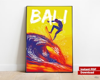 Cartel de surf de Bali, arte de pared, descarga de impresión digital, ilustración navideña, decoración del hogar, Kunstdruck, arte pop, viajes vintage