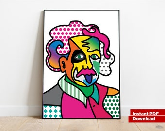Einstein, Cartel de arte pop, Impresión digital, Decoración del hogar, Ilustración digital, Arte de pared, Ciencia, Idea de regalo para el hogar, Kunstdruck