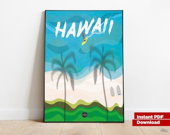 Póster retro de Hawái, decoración de pared, descarga de arte digital, vintage, viajes, impresión navideña, Kunstdruck, impresión de ilustración