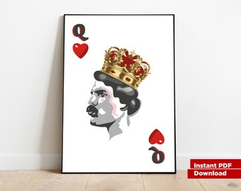 Freddie Mercury, Reina, Cartel musical, Cartel de arte contemporáneo, Arte de pared, Naipes, Reina de corazones, Descarga de impresión digital, Kunstdruck