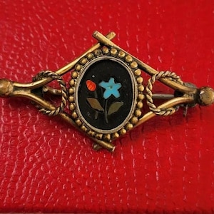 Italy Pietra Dura Inlaid Mosaic Red & Blue Flowers Ornate Brooch Antique Brooch