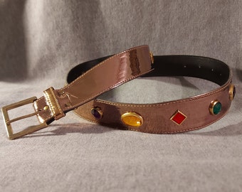 Vintage Multi Colored Stone Cabochon Silver Base Belt Unique Silver Tone Agate Stone Belt Jean Belt Bohemian Gypsy Hip Belt