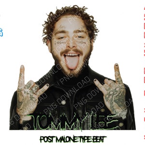 May include: A digital illustration of a man with tattoos and a tongue sticking out. The text "NOMMYEE POST MALONE TYPE BEAT" is below the image.
