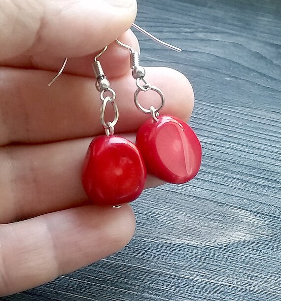 Natural red coral earrings Red earrings gift for women Boho earrings. Coral earrings Red coral 925 silver earrings
