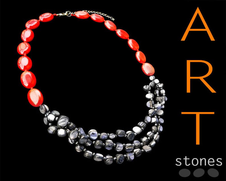 Red chunky necklace\\Red necklsce\\Grey chunky necklace\\Red grey chunky necklace\\nacre necklace\\gift for woman necklace\\nacre chunky necklace