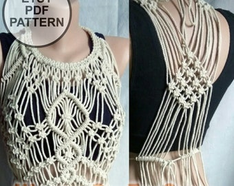 May include: A white macrame top with fringe detailing. The top is shown on a model and features a geometric design. The Etsy PDF pattern is included in the image.