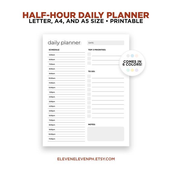 Half-Hour Daily Planner Daily Schedule To-Do List | Etsy