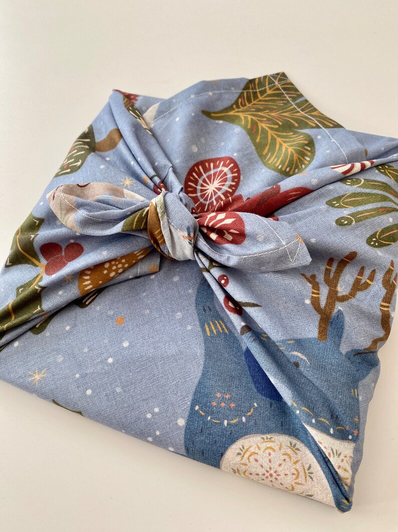 Furoshiki Geschenktücher, Muster mit Rentier, Vogel und Pflanzen, Größe S 35x 35cm, M 50x50cm, L 70x70cm, XL 90x90cm Verpackung Stoff Bild 4