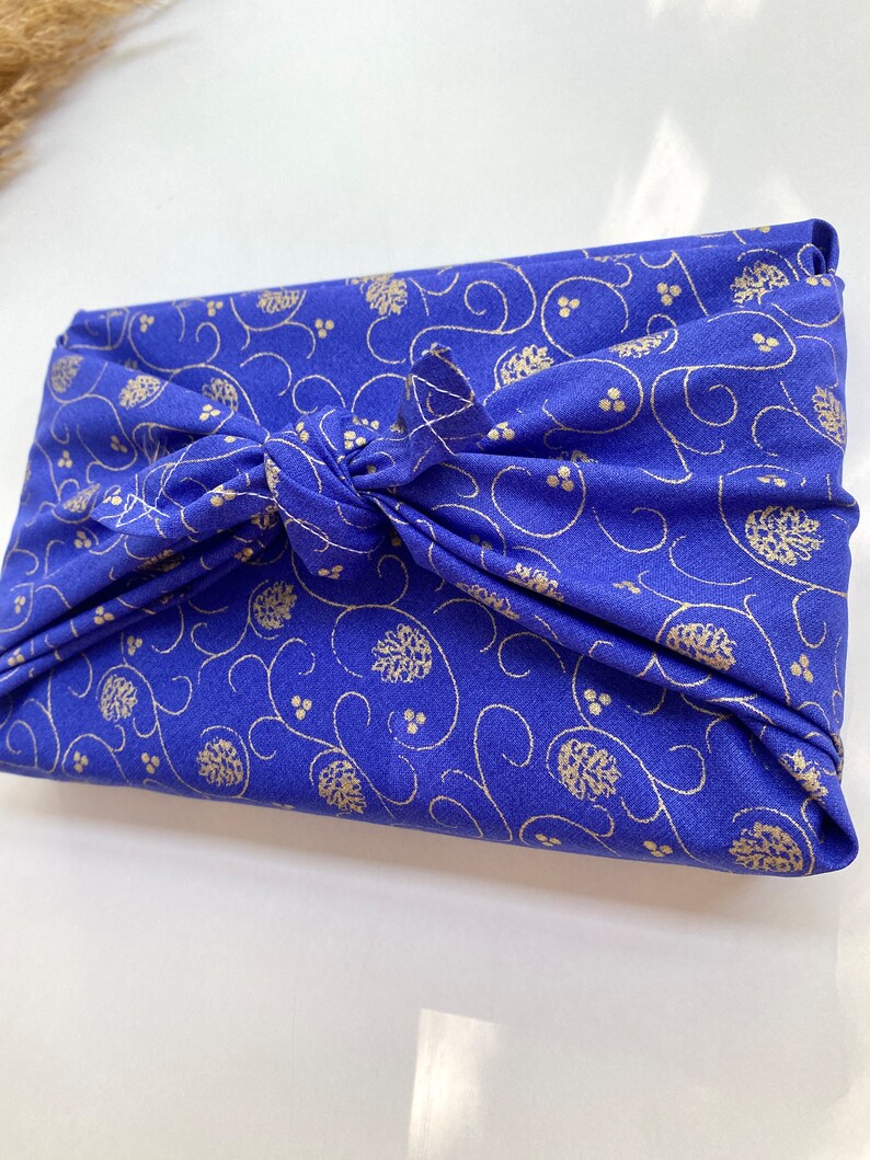 Furoshiki Geschenktücher Weihnachten Blau und Gold, Größe S 35x 35cm, M 50x50cm, L 70x70cm, XL 90x90cm Verpackung Stoff, Wrap Tuch Bild 5