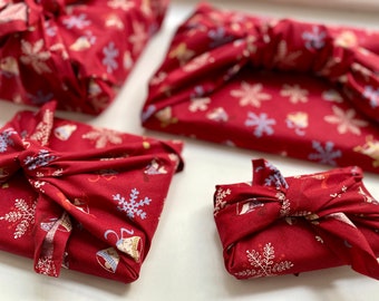 Furoshiki Geschenktücher, Rot mit Weihnachtsmotiv, Größe S 35x35cm, M 50x50cm, L70x70cm, XL90x90cm,Verpackung Stoff, Wrap Tuch