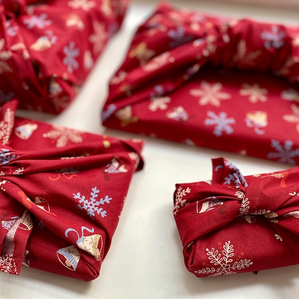 Furoshiki Geschenktücher, Rot mit Weihnachtsmotiv, Größe S 35x 35cm, M 50x50cm, L 70x70cm, XL 90x90cm,Verpackung Stoff, Wrap Tuch