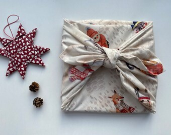 Furoshiki Geschenktücher Weihnachten, mit Tieren, Größe S 35x 35cm, M 50x50cm, L 70x70cm XL 90 x 90cm, Verpackung Stoff, Wrap Tuch