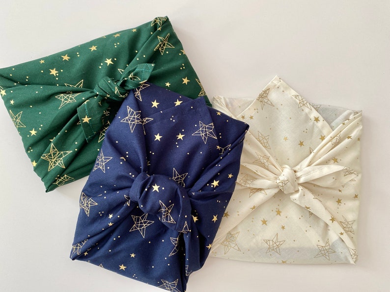 Furoshiki Geschenktücher, Blau, Grün oder Weiß mit Sternen Größe S 35x 35cm, M 50x50cm, L 70x70cm, XL 90x90cm,Verpackung Stoff, Wrap Tuch image 5