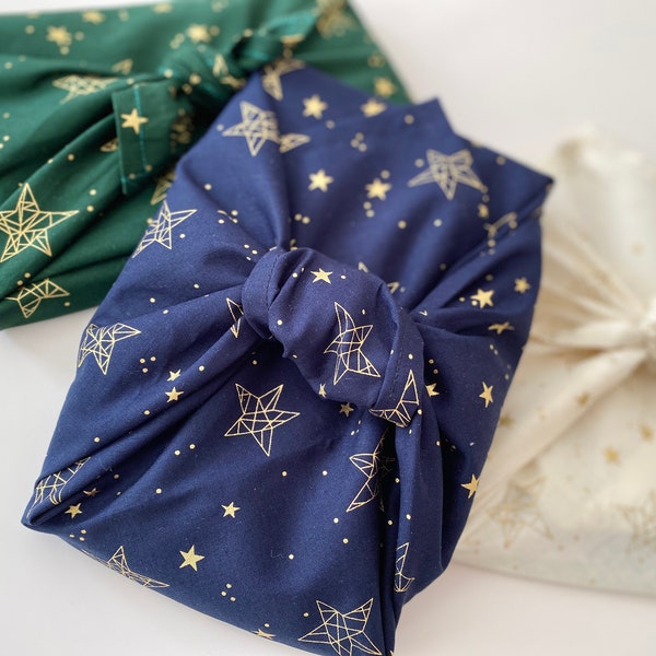 Furoshiki Geschenktücher, Blau, Grün oder Weiß mit Sternen Größe S 35x 35cm, M 50x50cm, L 70x70cm, XL 90x90cm,Verpackung Stoff, Wrap Tuch