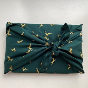 Furoshiki Geschenktücher, mit Weihnachtsmotiv, Größe S 35x 35cm, M 50x50cm, L 70x70cm, XL 90x90cm Verpackung Stoff Grün mit Rentiere