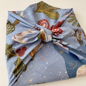 Furoshiki Geschenktücher, Muster mit Rentier, Vogel und Pflanzen, Größe S 35x 35cm, M 50x50cm, L 70x70cm, XL 90x90cm Verpackung Stoff Bild 2