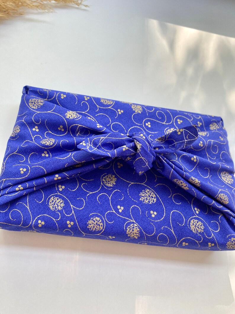 Furoshiki Geschenktücher Weihnachten Blau und Gold, Größe S 35x 35cm, M 50x50cm, L 70x70cm, XL 90x90cm Verpackung Stoff, Wrap Tuch Bild 2