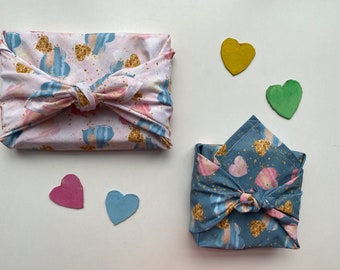 Furoshiki Geschenktücher mit bunten Herzen für Valentinstag, S 35x 35, M 50x50, L 70x70, XL 90x90 cm, Geschenk für Muttertag