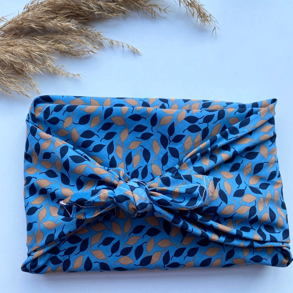 Furoshiki Geschenktücher Weihnachten Blau und Braun Blätter, Größe S 35x 35cm, M 50x50cm, L 70x70cm Verpackung Stoff, Wrap Tuch